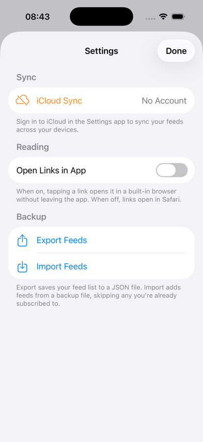 The Settings screen, showing iCloud Sync status, the Open Links in App toggle, and feed backup options